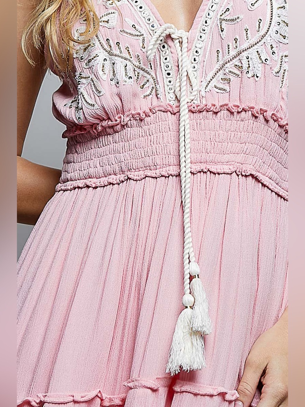 🌟SUMMER SALE🌟Vintage Denim Embroidered Smocked
Ruffle Boho Dress|PINK - Picture 5 of 5